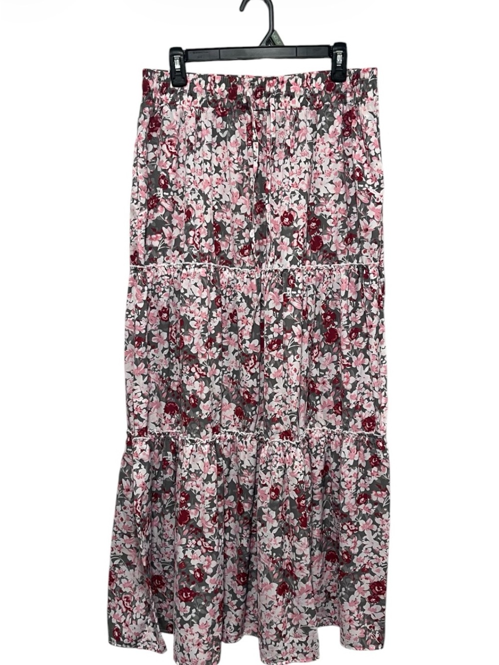 EARKOHA XL Floral Boho Tiered Maxi Skirt Gray Pink NWOT
